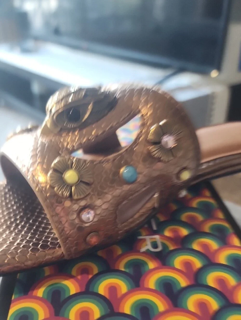 Kurt Geiger Metallic Bronze Slide with Floral Studs and Owl Accent